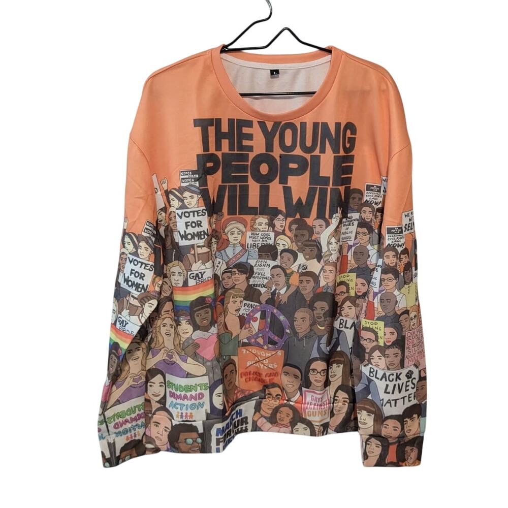 "The Young People Will Win" Men's Orange Sweatshirt Crewneck Size L